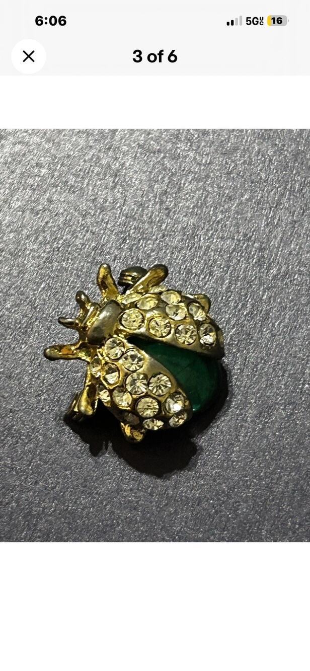 Vintage Gold Tone Ladybug Brooch Clear Rhinestones Wings & Green Rhinestone Body